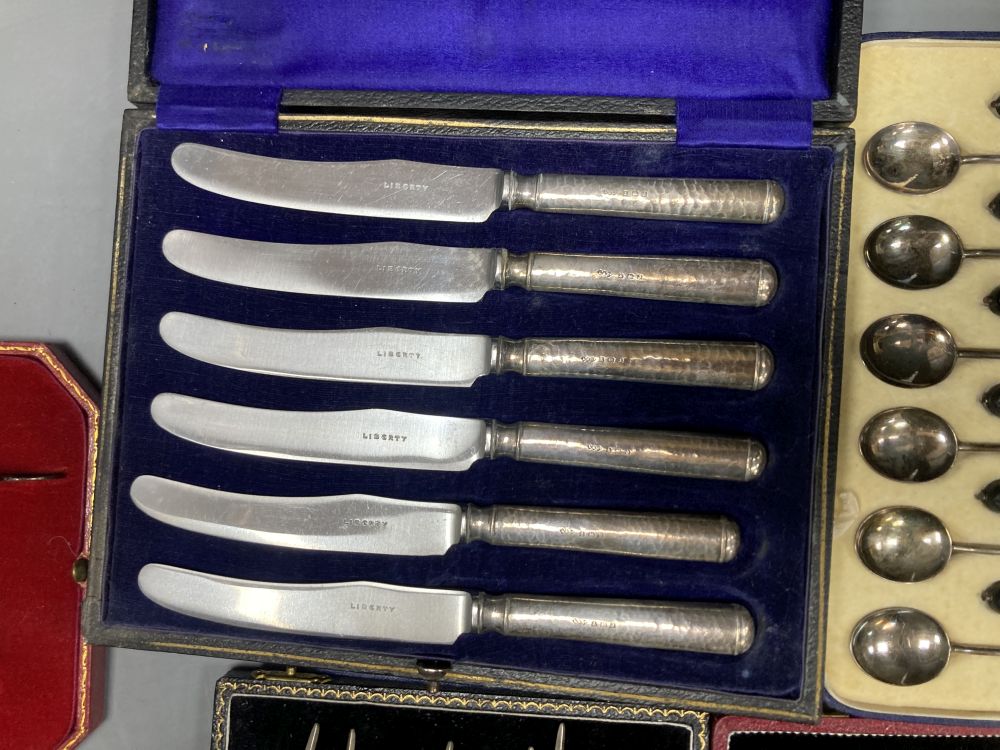 Six assorted cased sets of English and Continental silver flatware